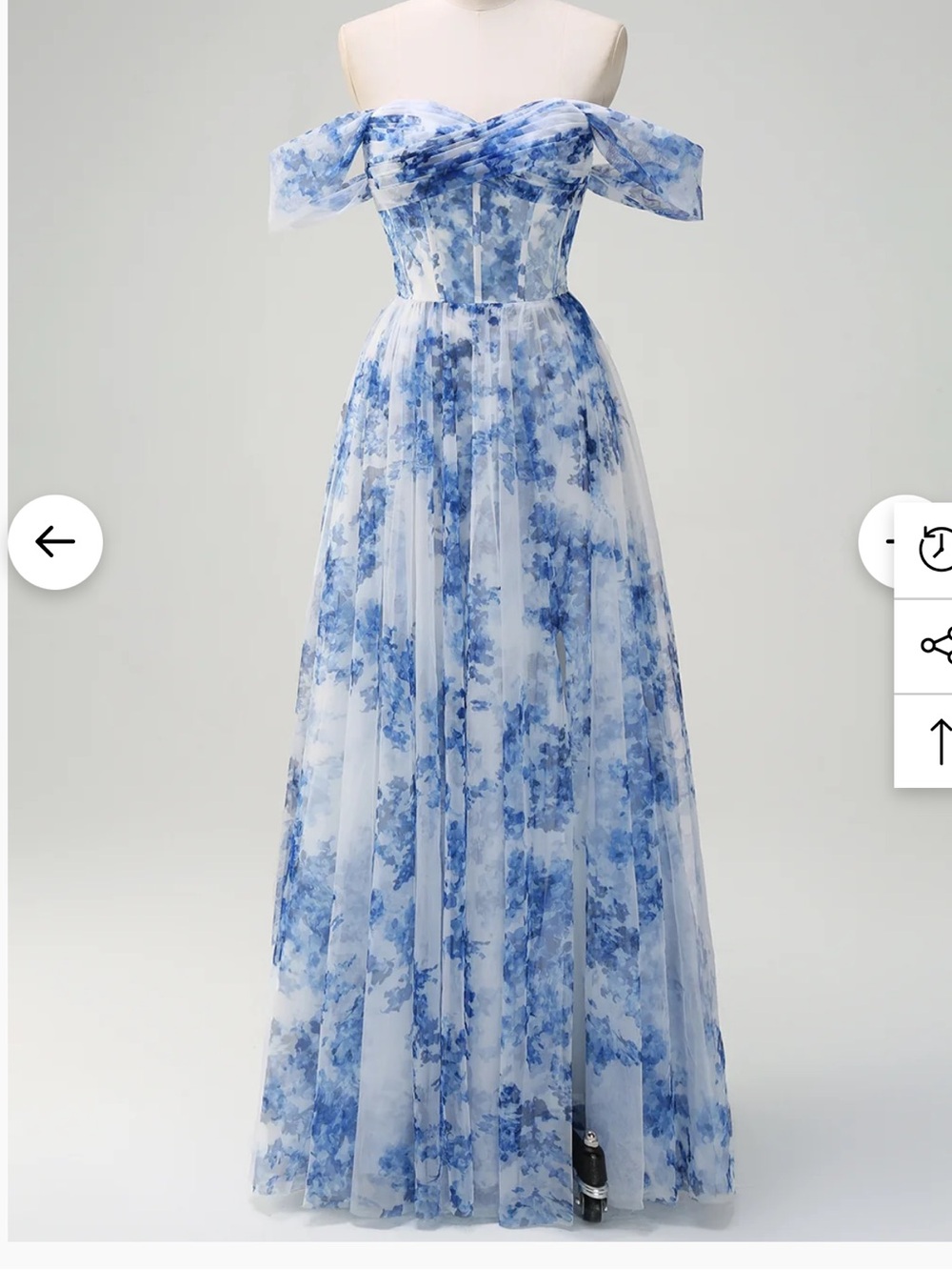 Off-Shoulder Blue Floral Tulle Bridesmaid Dress